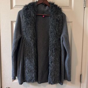 Vince Camuto Gray Faux Fur Trim Open Front Cardigan Sweater XL